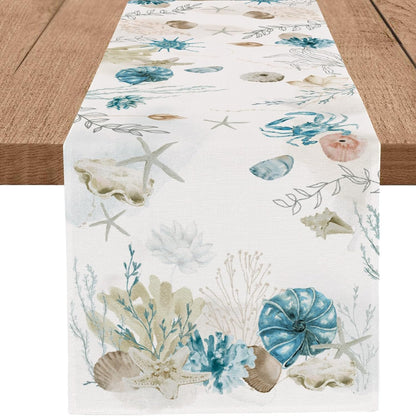 13x90 Inch PROCIDA Blue Beach Table Runner Tropical Ocean Coastal Table Runners Seashell Burlap Seasonal Nautical