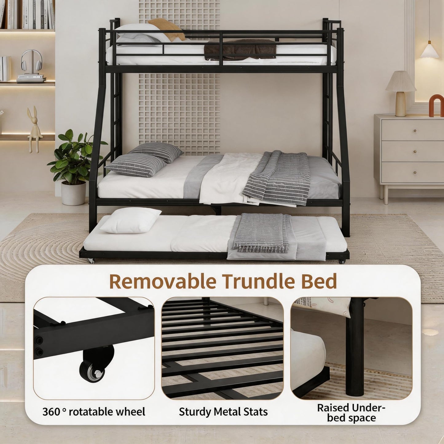 FammyLoft Twin XL Over Queen Bunk Bed with Twin Size Trundle, Heavy Duty Bunk Beds for Adults, Metal Bunk Bed Frame with Safety Guardrails & 2 Side Ladder, Space Saving Frame, Black
