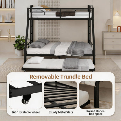 FammyLoft Twin XL Over Queen Bunk Bed with Twin Size Trundle, Heavy Duty Bunk Beds for Adults, Metal Bunk Bed Frame with Safety Guardrails & 2 Side Ladder, Space Saving Frame, Black