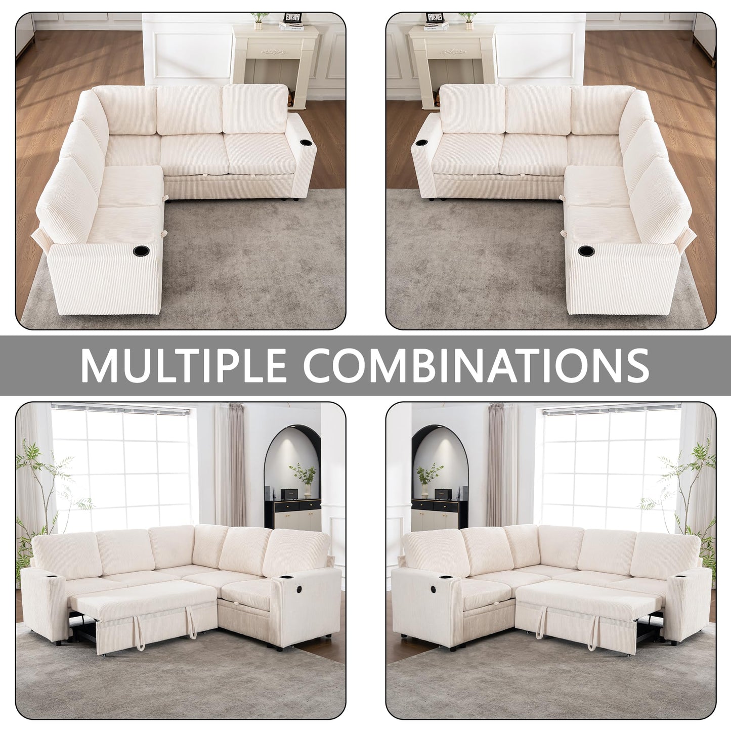 KEIKI 83" 4Seat Modular Sectional Sleeper Pull Out Bed Corduroy Sofa Couch with Chaise Storage Reversible USB Cup Holders for Modern Home Home Office Family Friendly Refined Design White