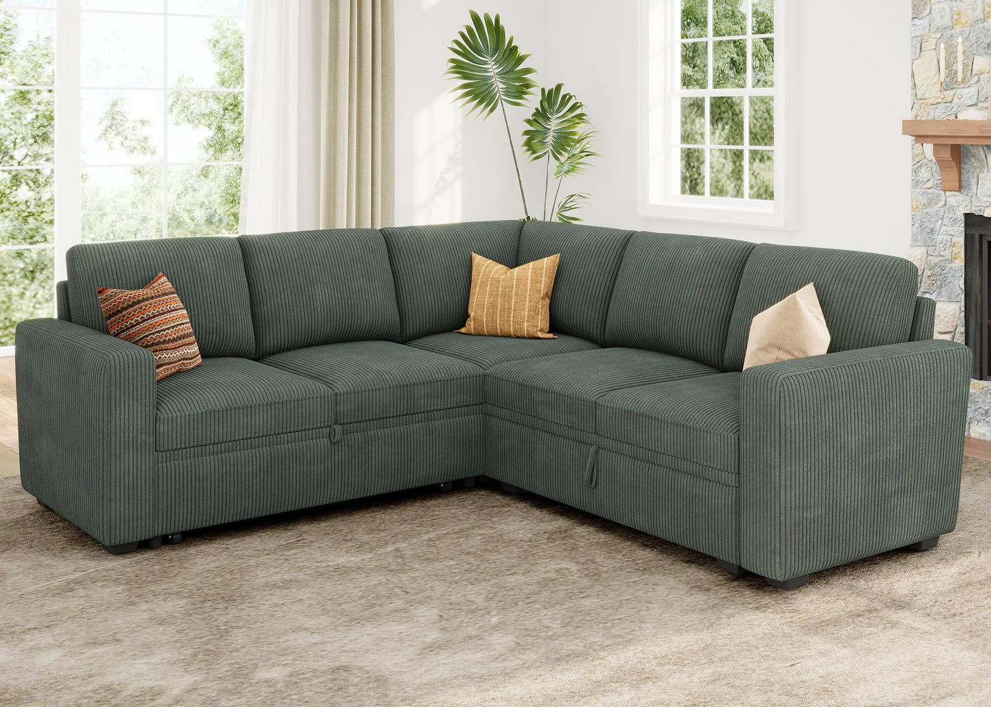 HONBAY Modular Sectional Sleeper Sofa with Pull Out Bed, Corduroy L Shaped Couch with Storage, Sectional Couches for Living Room, Green