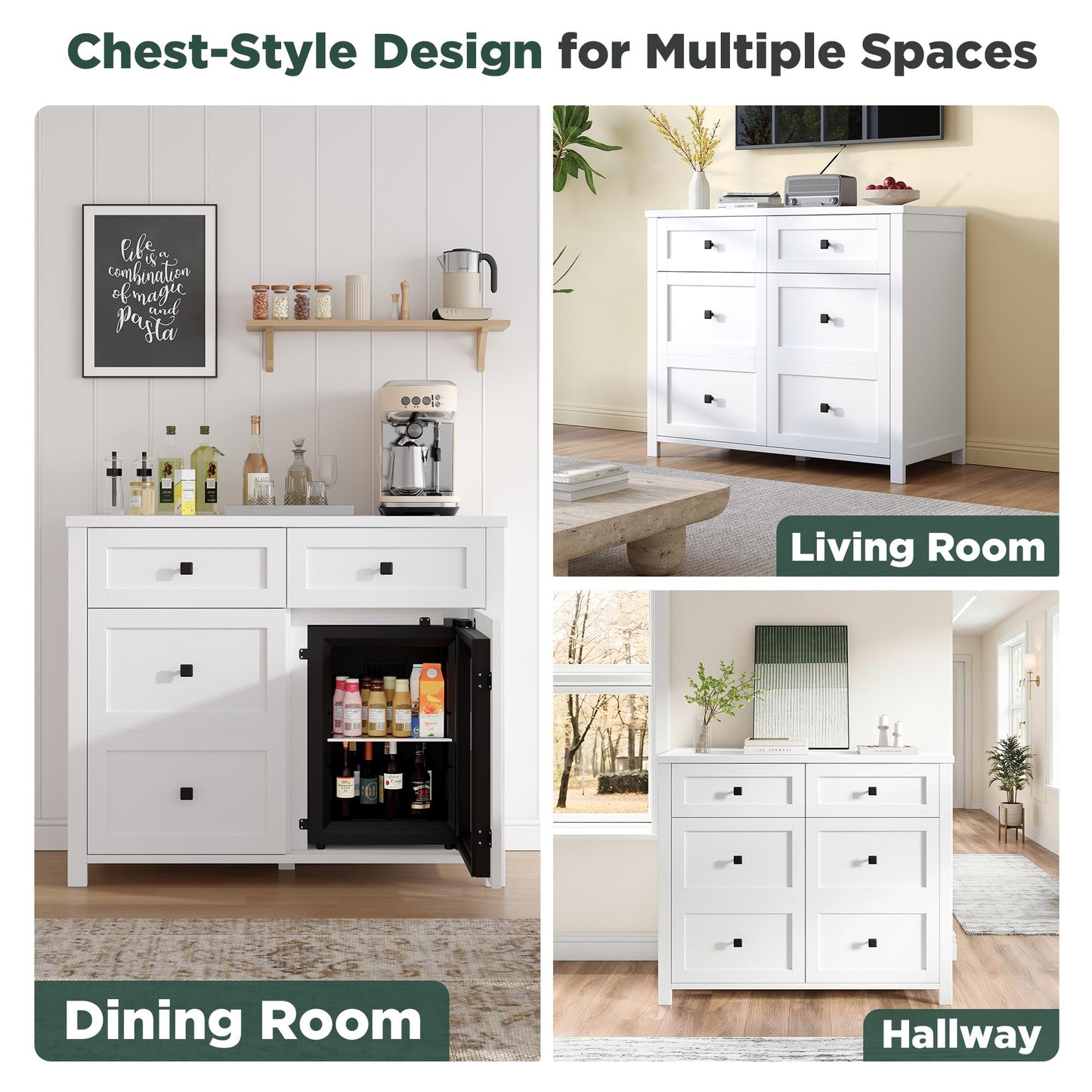 LUXOAK 41 Inch Sideboard Buffet Cabinet with Built-In Mini Fridge, 24-Can Beverage Cooler, TV Stand with Drawers & Storage for Living Room, White