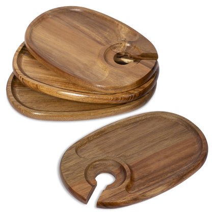 YEWBEE Wine Glass Holder Plates – Acacia Wooden Appetizer & Snack Plates for Party, Wine & Cheese Mini Charcuterie Boards, Set of 4 – Great Gift for Wine Lovers