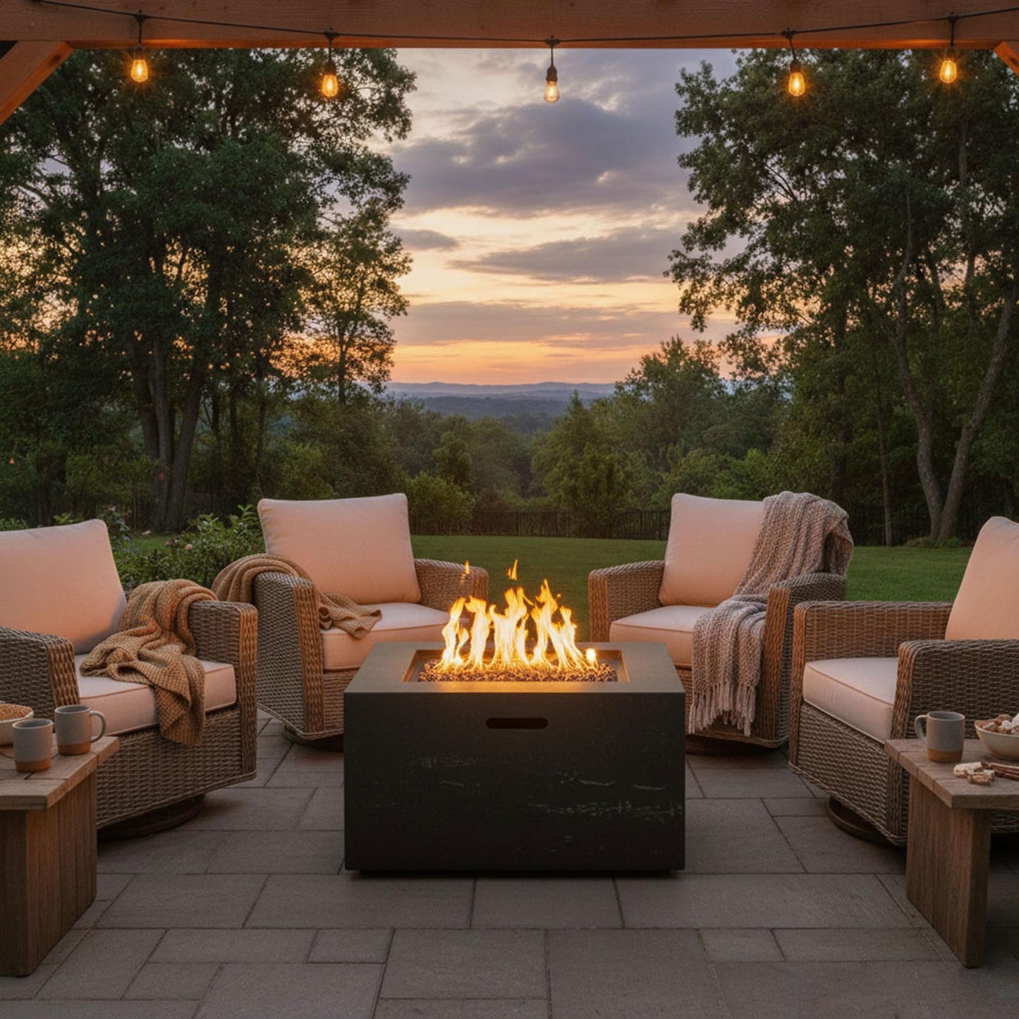 Merax MGO Outdoor Square Fire Pit with Steel Burner,Lightweight 24.02-inch Propane Fire Pit Table with Adjustable Flame, 40,000 BTU, Lava Rocks, and Rain Cover for Patio,Backyard, Poolside, Black