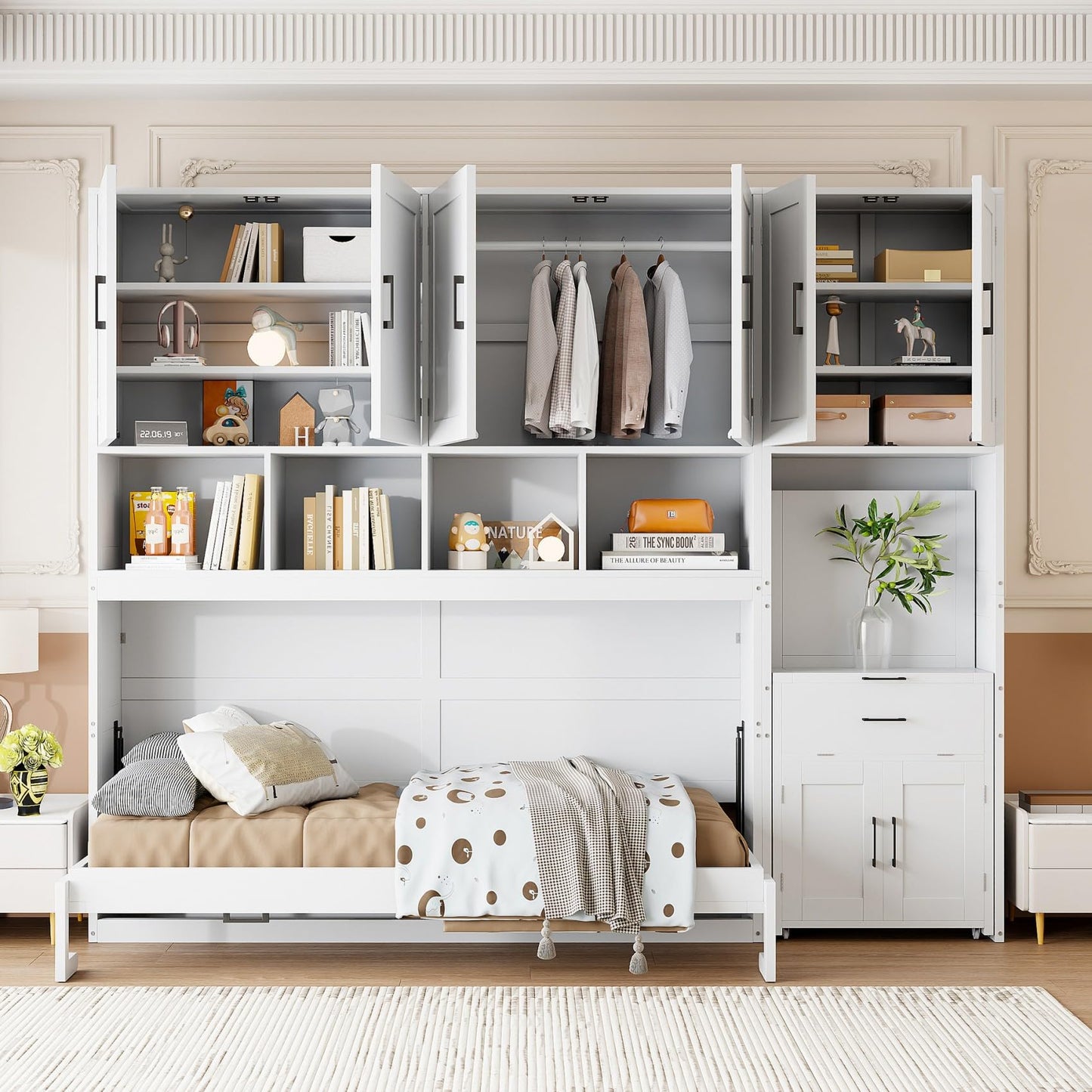 Merax 90.4"H Twin Size Murphy Bed Cabinet With Built-in Desk, Storage Closet, Drawers & Shelves, Wood Foldable Hidden Wall Platform Bedframe For Home, Bedroom, Small Room, Apartment, Reversible, White