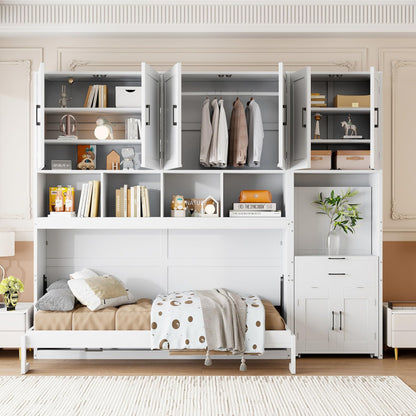 Merax 90.4"H Twin Size Murphy Bed Cabinet With Built-in Desk, Storage Closet, Drawers & Shelves, Wood Foldable Hidden Wall Platform Bedframe For Home, Bedroom, Small Room, Apartment, Reversible, White