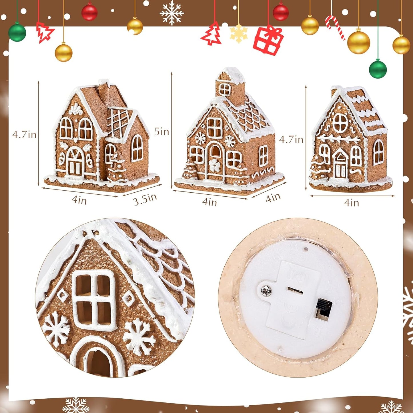 Skiennix Light-Up Gingerbread House Christmas Decorations - 3Pcs Collectible Figurines with LED Lights | Classic Swedish Xmas Table Décor