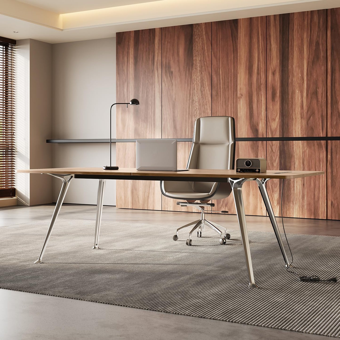 Writing Computer Desk, 60-Inch Large Executive Desk Office Workstation with Chrome-Plated Legs and Built-in Power Outlet, Writing Table Business Furniture, Modern Minimalist Style for Home Office