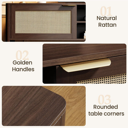 IKALIFE Rattan TV Stand for Living Room - Fits up to 85 Inch TVs, Rattan Media Console Table with Adjustable Shelves & 2 Storage Cabinets, Mid-Century Modern Entertainment Center, Walnut 80"