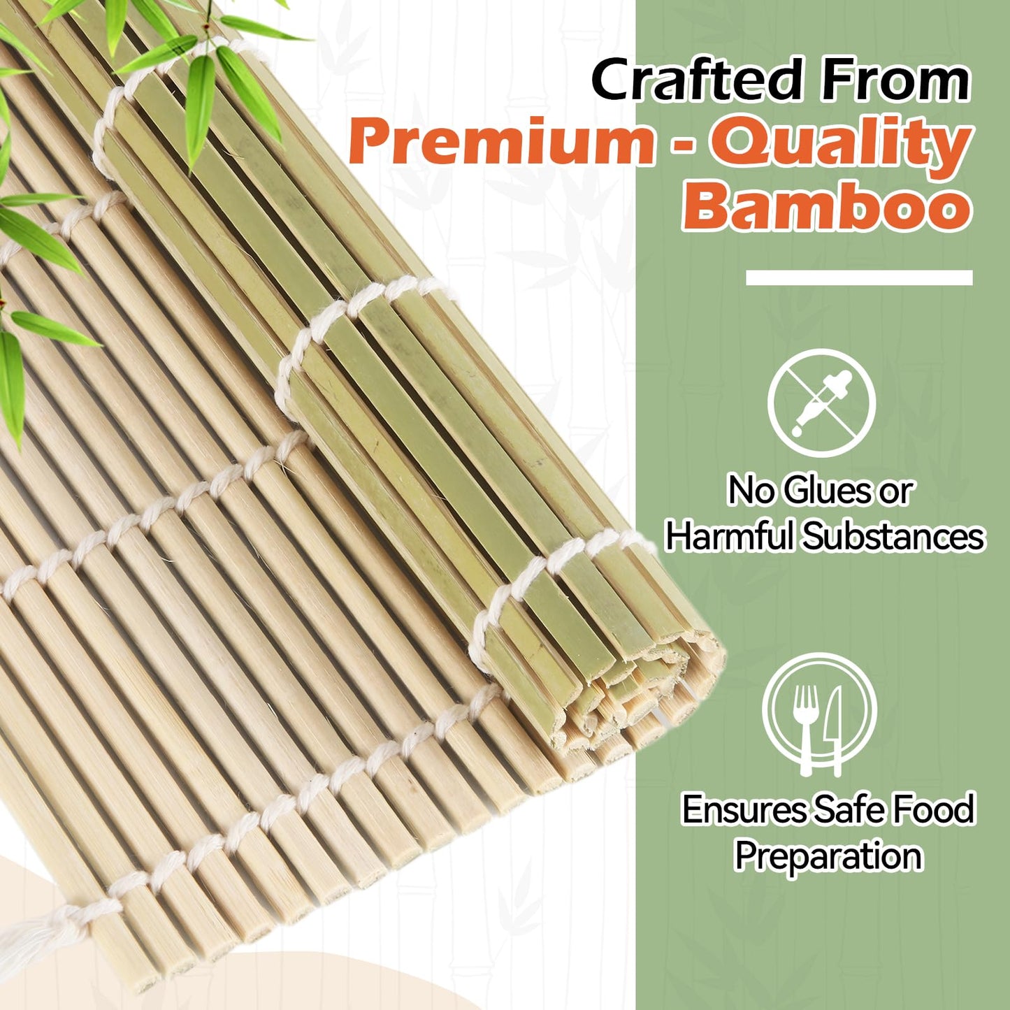 LEQC 10PCS Bamboo Sushi Mat 9.5"x9.5" – Durable Bamboo Sushi Rolling Mat, Tightly-Bound Design for Home Cooking & Professional Sushi Making (Green)
