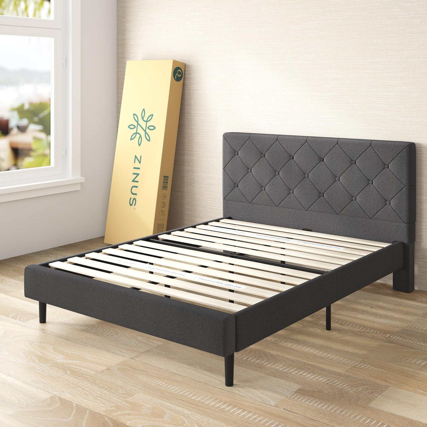 Zinus King Shalini Upholstered Platform Bed Frame with Headboard [New WonderBox(TM) Version], Wooden Slat Support, No Box Spring Needed, Easy Assembly, Eco Friendly Packaging, Dark Grey
