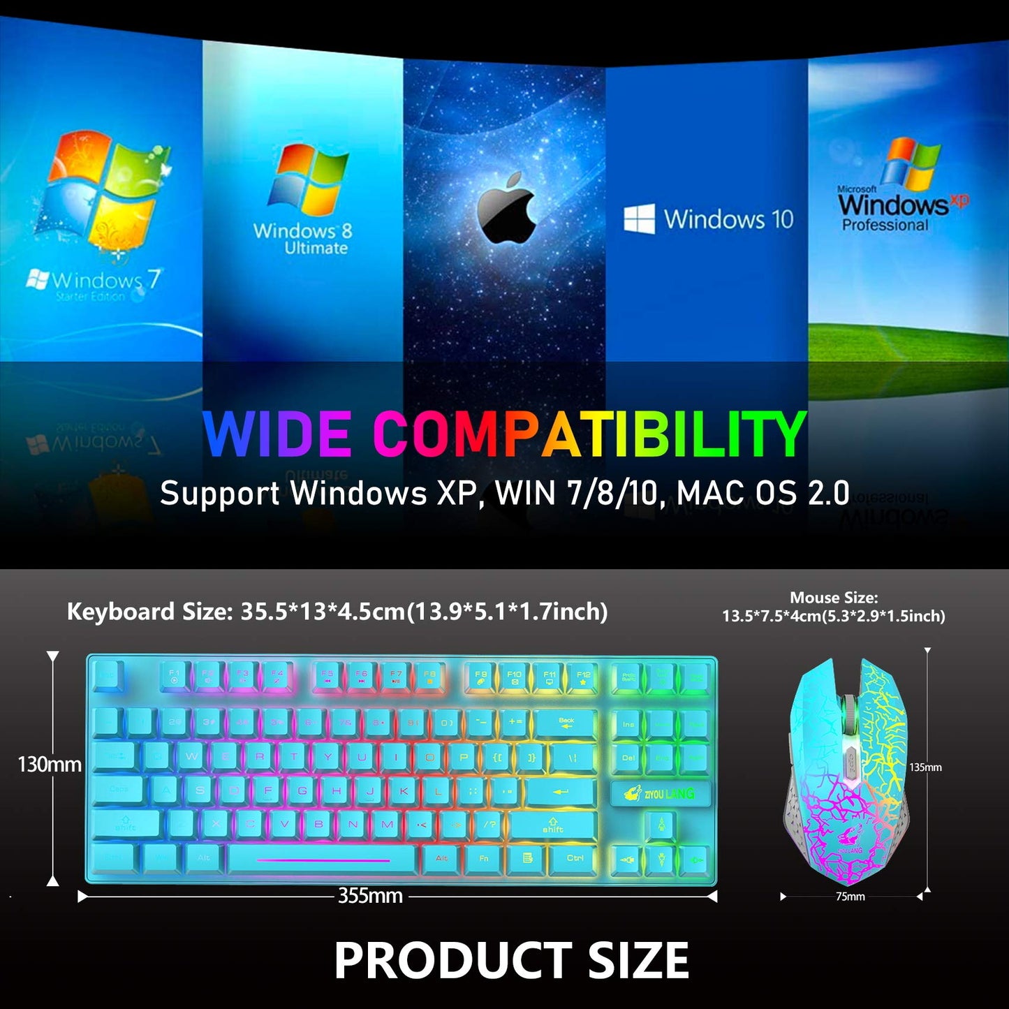 Wireless Gaming Keyboard and Mouse Combo with 87 Key Rainbow LED Backlight Rechargeable 3800mAh Battery Mechanical Feel Anti-ghosting Ergonomic Waterproof RGB Mute Mice for Computer PC Gamer (Blue)