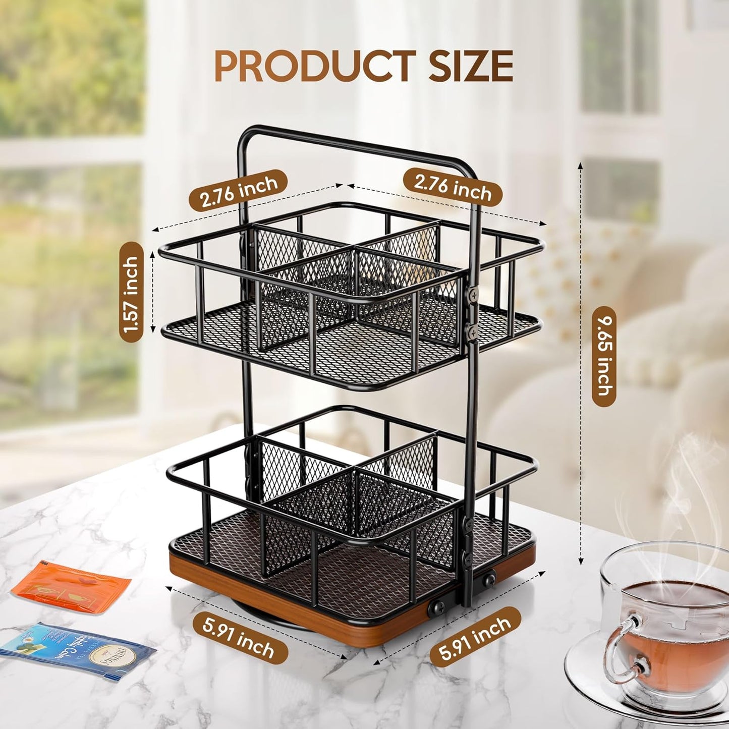 2 8 360 Countertop 100+ Rotating Tea Bag Organizer Tier Basket Spinning Teabag Holder Organizer, Acacia Wood Iron Tea