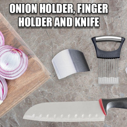 SafaWare onion holder for slicing with finger holder stainless steel onion slice holder finger protectors with bread knife, Stainless steel onion slice holder Lemon slicer vegetable cutter