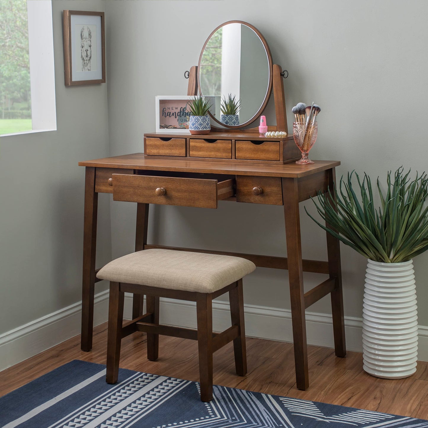 Linon MidCentury Walnut Upholstered Seat Beverly Vanity Set, Medium