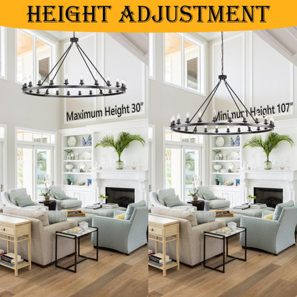 JKLX 48 Inch Black Large Wagon Wheel Chandelier, 24-Lights Farmhouse Industrial Round High Ceiling Light Fixture Adjustable Chain for Outdoor Porch,Foyer,Dining Room, Living Room