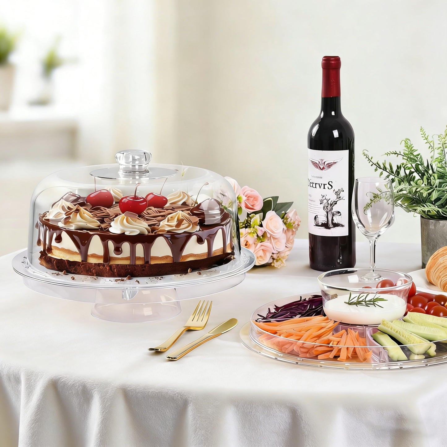 JOCHER Cake Stand with Acrylic Dome Cover, 6-In-1 Multi-Purpose Cake Stand with Lid, 12.2", Acrylic Cake Stand, Veggie Platter, Salad Bowl, Dessert Platter, Punch Bowl, BPA Free
