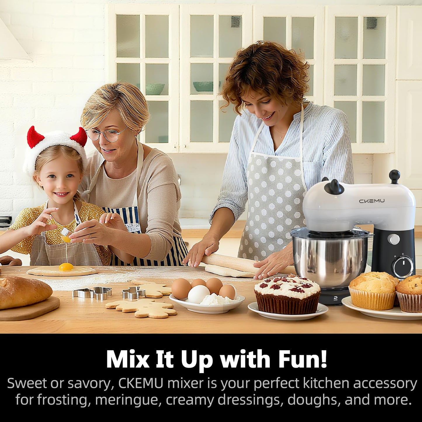 CKEMU Stand Mixer, Compact & Space-Saving, Stainless Steel Bowl, Unique & Playful Design, Effcient Motor, Dishwasher-Safe Attachments, SM-2549A (Panda)