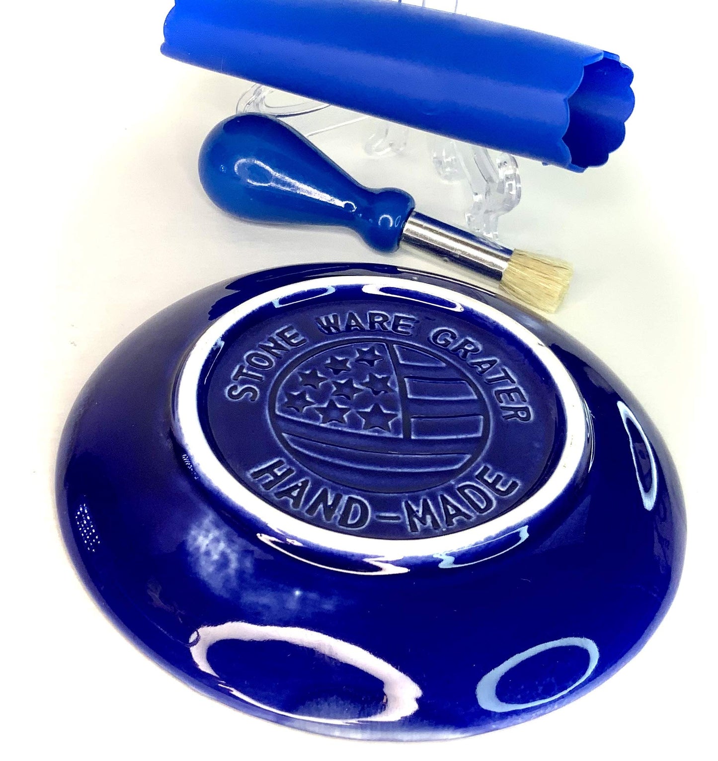 BonCera, All-in-one Premium Ceramic Garlic Grater Plate 4-Piece Set - Blue Cross Glazed Design and Style - For Garlic, Ginger, Chocolate, and more! - Comes with 5.25" Plate, Peeler, Brush, and Stand