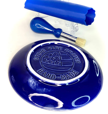 BonCera, All-in-one Premium Ceramic Garlic Grater Plate 4-Piece Set - Blue Cross Glazed Design and Style - For Garlic, Ginger, Chocolate, and more! - Comes with 5.25" Plate, Peeler, Brush, and Stand