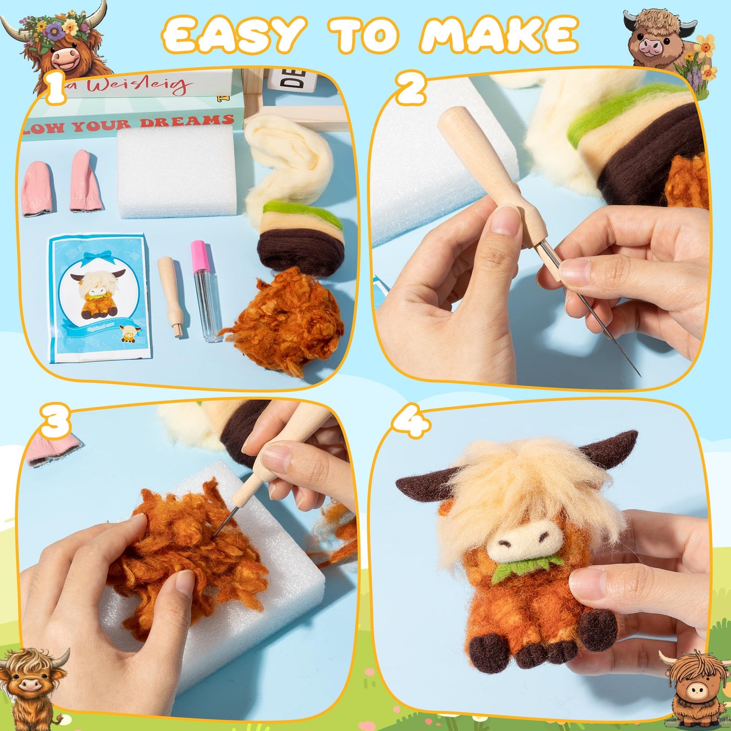 WATINC Needle Felting Kit - 3 Set Unique Different Cute Doll Wool Felt Needle Tools Foam Pad Instruction, DIY Home Decoration Craft Party Supplies for Art Work Starter Beginners (Highland Cow)