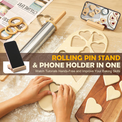 LUSHYUM Adjustable Rolling Pin with Thickness Rings 304 Stainless Steel Dough Roller with Dual-Purpose Stand Detachable Handles for Pizza Cookies Fondant Non Stick Metal Kitchen Tool Gift for Bakers