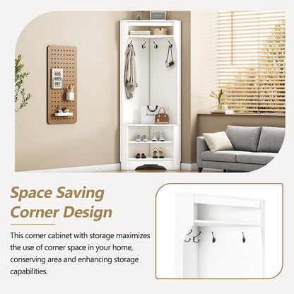 Minimalist Corner Hall Tree with Shoe Bench and 4 Hanging Hooks,Multi-Functional Entryway Coat Rack with Shoe Shelf,Corner Cabinet with Adjustable Shelf for Hallway, Living Room,Black (White, Corner)