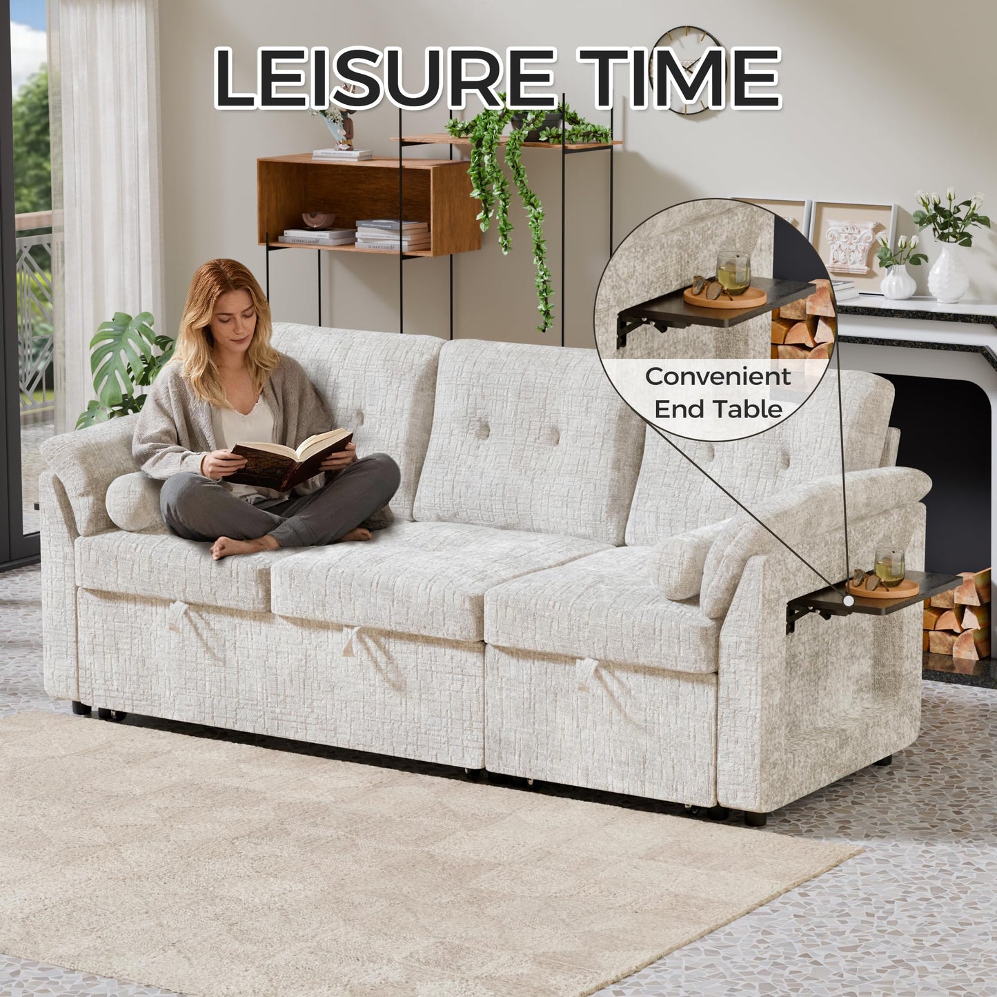 Trygoal Convertible Sleeper Sofa Bed, 63 Inch Chenille Pull Out Couch with Side Table & Adjustable Backrest, Sectional Sleeper Sofa with Pull Out Bed for Living Room, Apartment, Beige