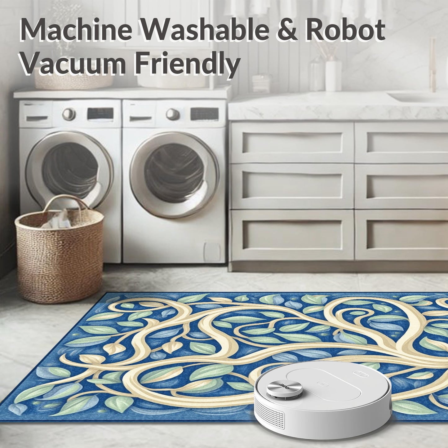 Design&I Low Pile Flatwoven Area Rug 8x10, Premium Zen Relaxation Mat with Eastern Inspired Motifs, Machine Washable, Stain Resistant Indoor Rug for Living Room, Bedroom, Non Slip(Blue, 8x10)