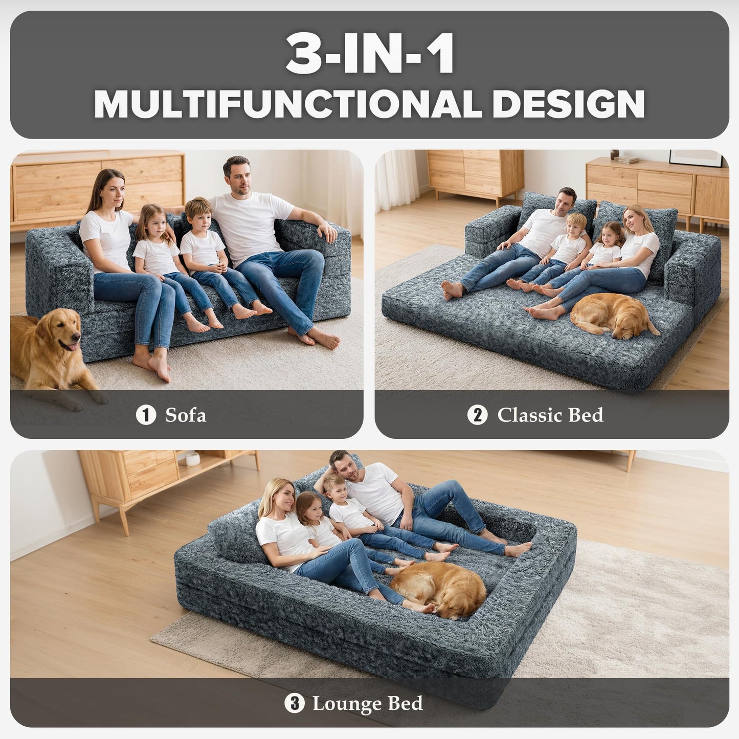 HABUTWAY Convertible Sofa Bed, 3-in-1 Futon Sofa Bed with Pillow, Foldable Pull Out Floor Sofa Bed with Removable Cover, Plush Boneless Couch for Living Room/Bedroom/Dorm