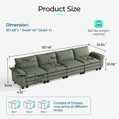LINSY HOME Modular Sectional Sofa - 157 Inch Oversized Corduroy Cloud Couch with Movable Ottoman Soft Modern Comfy Sofa Set for Living Room Apartment Office, Green