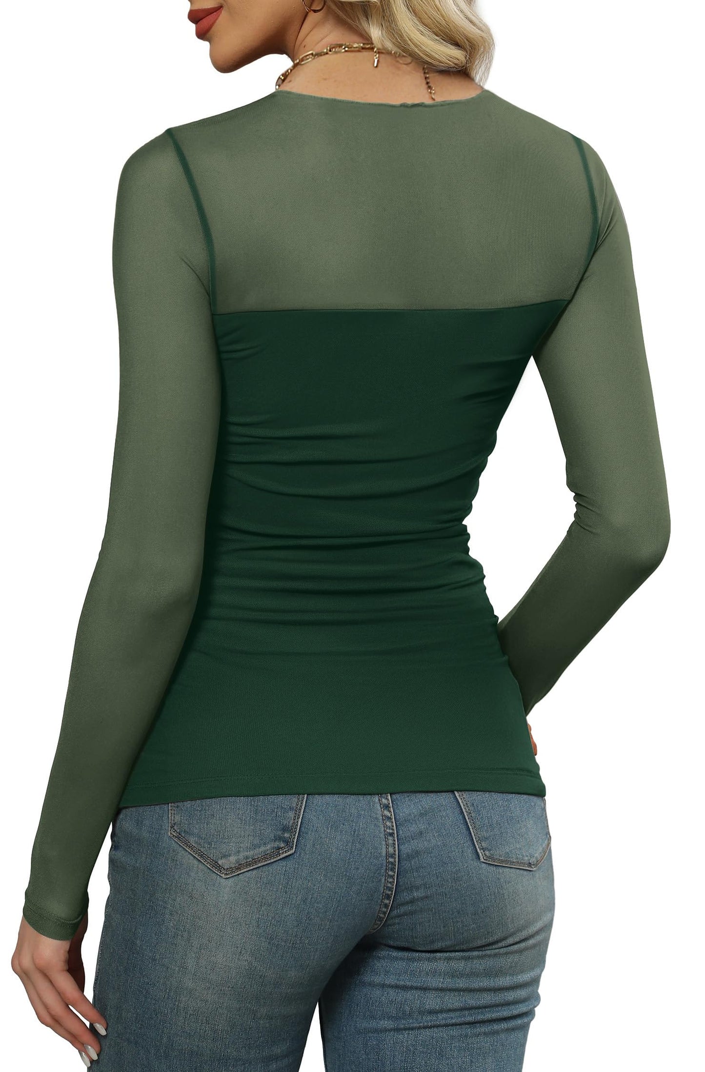 XIEERDUO Women's Sexy Sheer Long Sleeve Tops Crew Neck Mesh Ruched Going Out Shirts Blouse Date Night Outfits