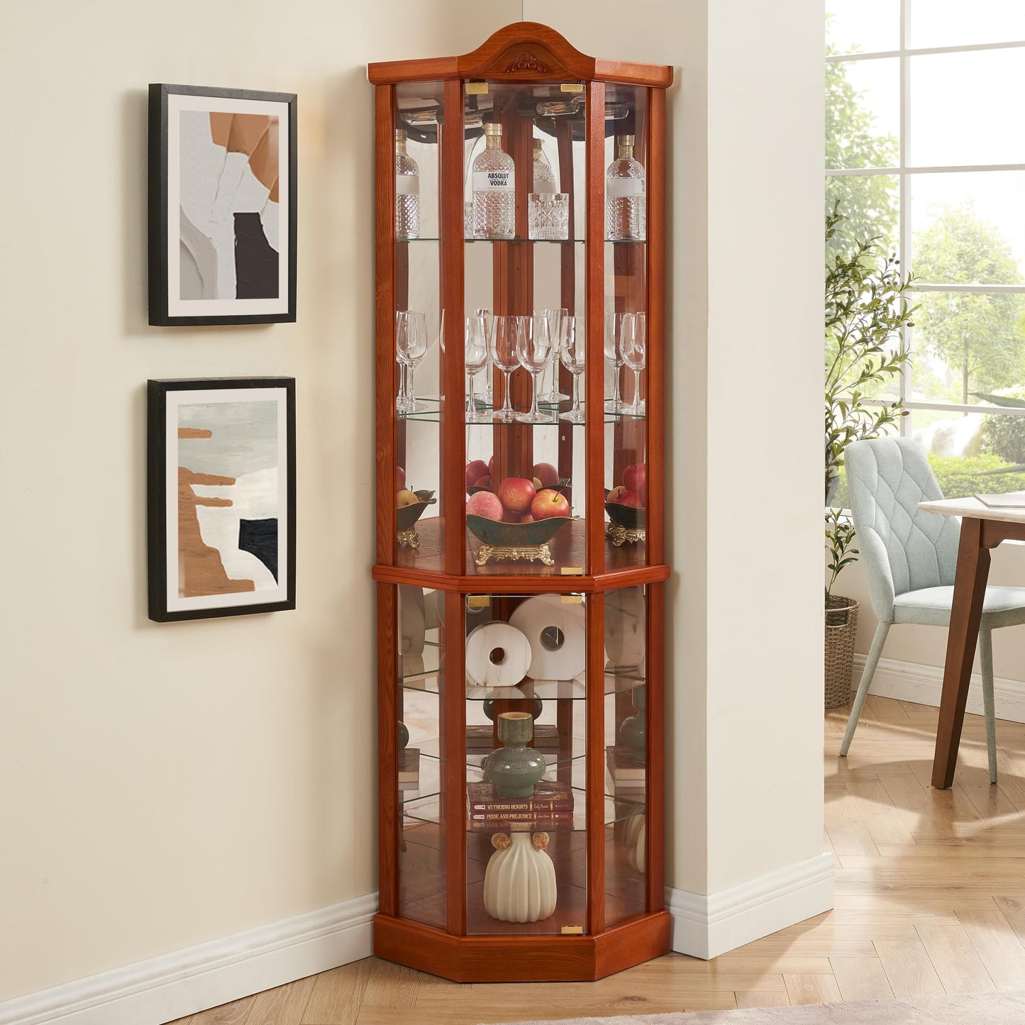 KEIKI 72" Corner Glass Display Cabinet with Adjustable Shelves, for Collectibles, Storage Curio Cabinet with Arched Floral Carving Decoration, 6-Tier Showcase Display Case, for Living Room, Oak