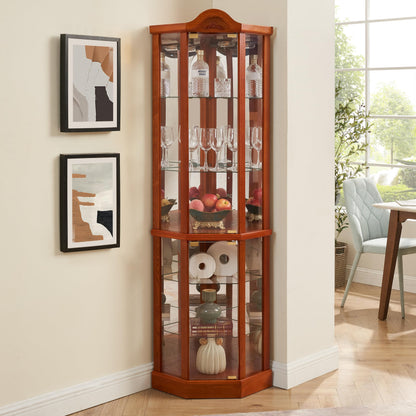KEIKI 72" Corner Glass Display Cabinet with Adjustable Shelves, for Collectibles, Storage Curio Cabinet with Arched Floral Carving Decoration, 6-Tier Showcase Display Case, for Living Room, Oak