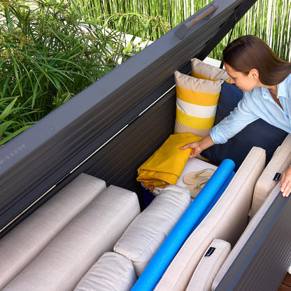 MIRADOR 281 Gallon Outdoor Storage Box with Wheels & Soft-Close Lid, Waterproof Metal Deck Box for Patio Cushions, Garden Tools & Pool Accessories, Charcoal