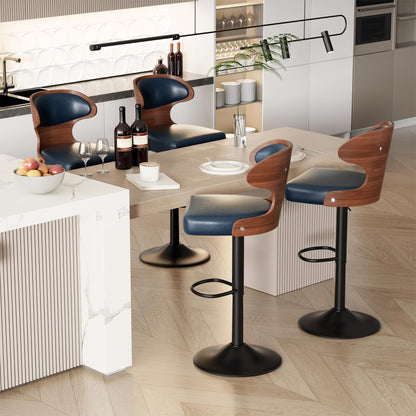 Daluvenix Bar Stools Set of 4 Adjustable Height Swivel Bar Stools Faux Leather Upholstered Bentwood Barstools with Back & Footrest Bar Chair for Dining Room Kitchen Blue