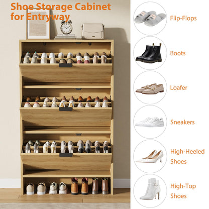 CABIHOME Shoe Storage Cabinet for Entryway, 32" Wide Fluted Shoe Cabinet with 3 Flip Drawers Doors, Shoe Rack Tall Freestanding Shoe Organizer for Entrance, Hallway, Living Room, Natural