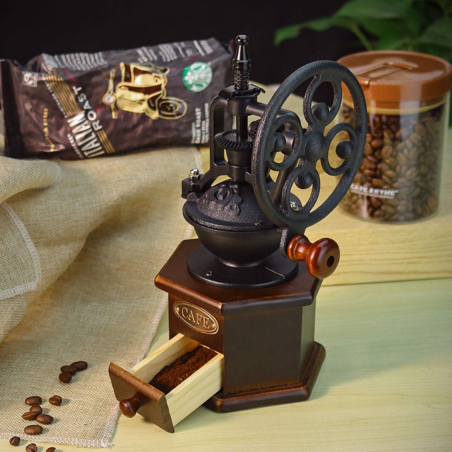 IMAVO Manual Coffee Grinder, Wooden Coffee Bean Grinder with Cast Iron Hand Crank, Antique Design, Perfect for Home,Rustic,Coffee Shop Decoration,Gift