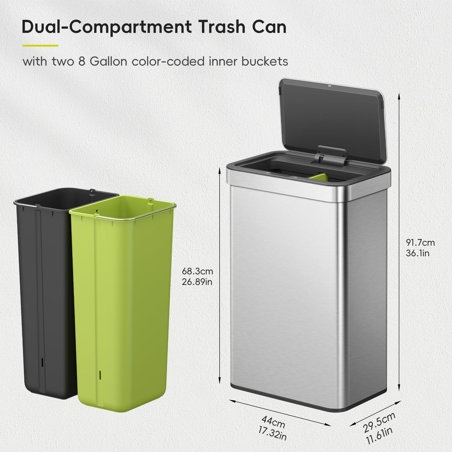 EKO Econova 30L+30L Dual Compartment Motion Sensor Trash Can, 16 Gallon Automatic Kitchen and Recycling Bin, Soft-Close Lid, Fingerprint-Resistant Stainless Steel Garbage Bin, 2 Inner Buckets
