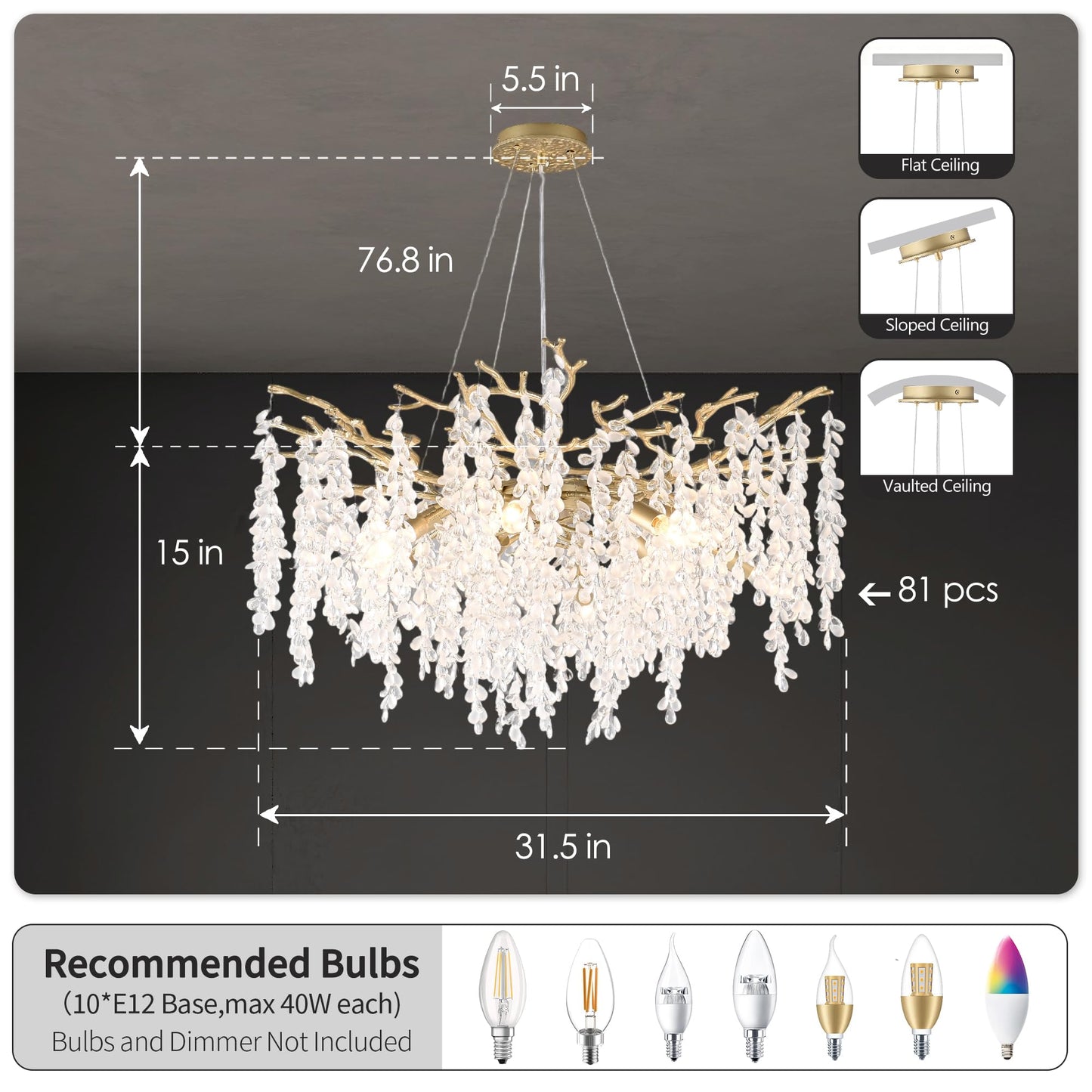 32 inch 10 Light Gold Crystal Chandelier, Grape-Shaped Sparkling Cluster Pendant Light, Easy DIY Installation, Adjustable Height Modern Luxury Ceiling Light for Dining Room Living Room Foyer Entryway