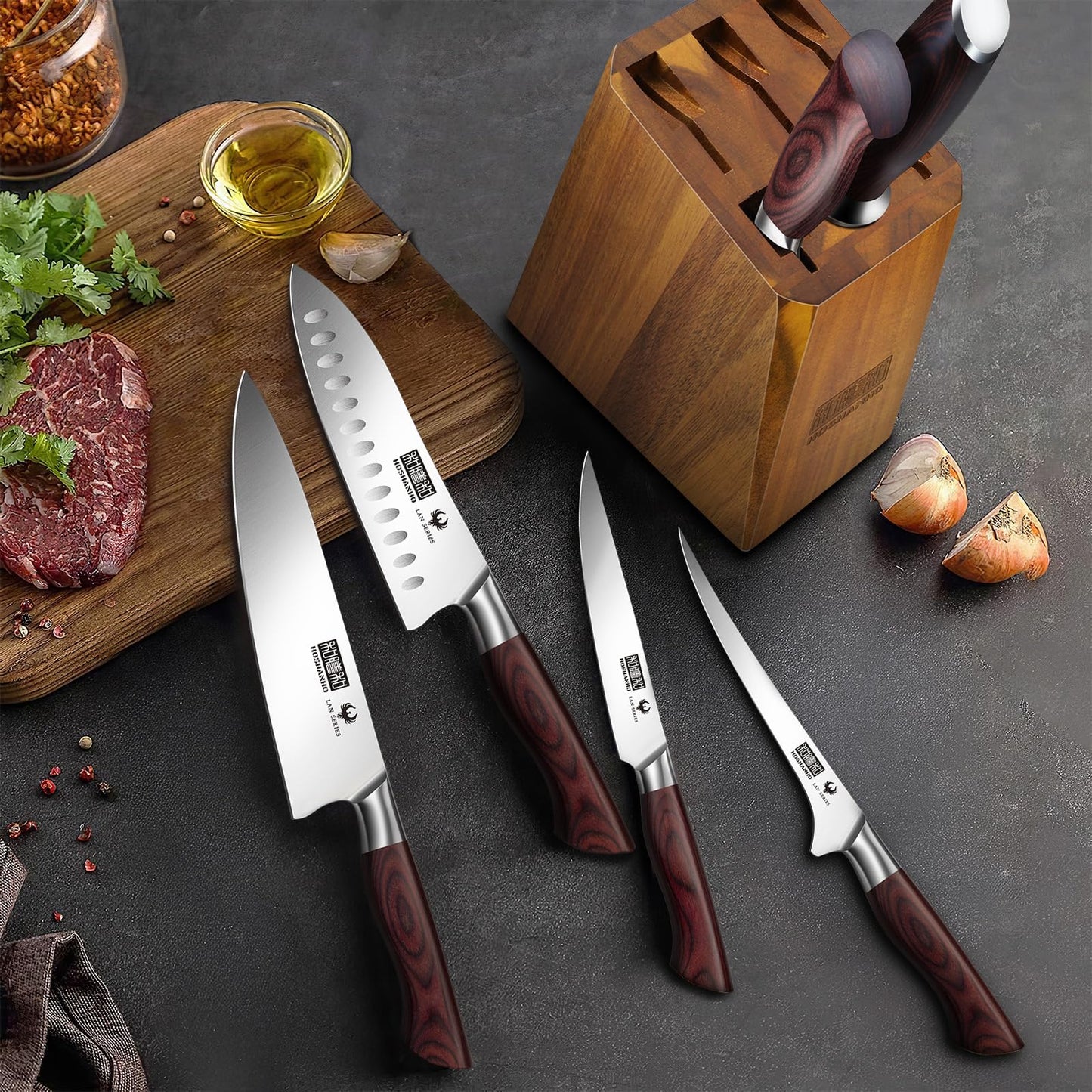HOSHANHO 7-Piece Knife Set with Block - High-Carbon Stainless Steel Kitchen Knife, Ultra Sharp Professional Chef Knives with Sharpener