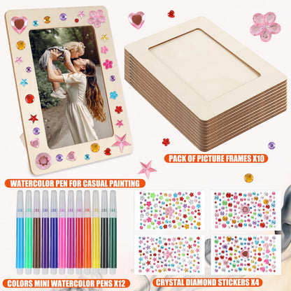 HOFURME 26 Pcs Unfinished Wooden Picture Frame Painting Craft Kit, 10 Pcs 4 x 6 Inch DIY Wooden Picture Frames with 12 Pcs Painting Color Pen and 4 Sheets Crystal Diamond Stickers for DIY Craft