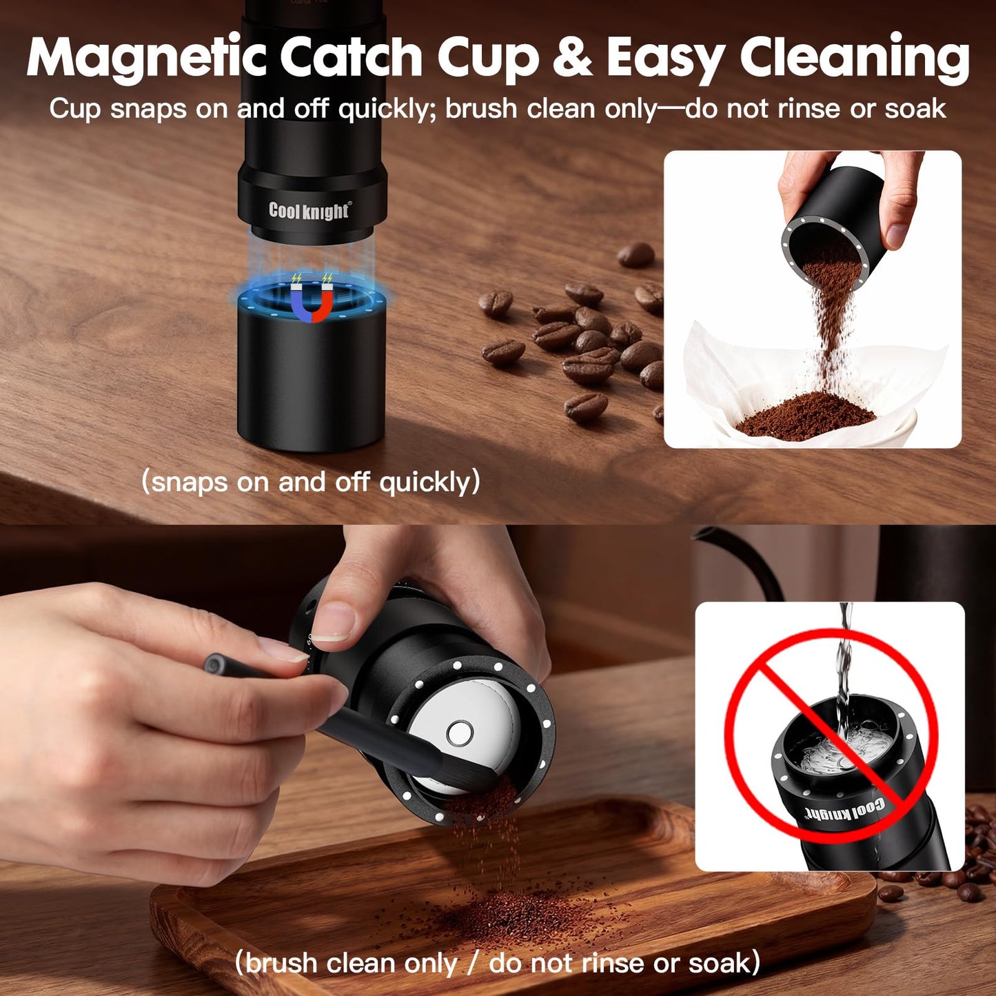 COOL KNIGHT Manual Coffee Grinder, 7-Edge SUS420 Stainless Steel Conical Burr, 72-Click External Adjustment, 25g Capacity, Aluminum Body, Walnut Handle, Magnetic Catch Cup for Espresso & Pour Over