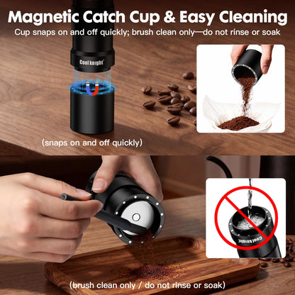 COOL KNIGHT Manual Coffee Grinder, 7-Edge SUS420 Stainless Steel Conical Burr, 72-Click External Adjustment, 25g Capacity, Aluminum Body, Walnut Handle, Magnetic Catch Cup for Espresso & Pour Over