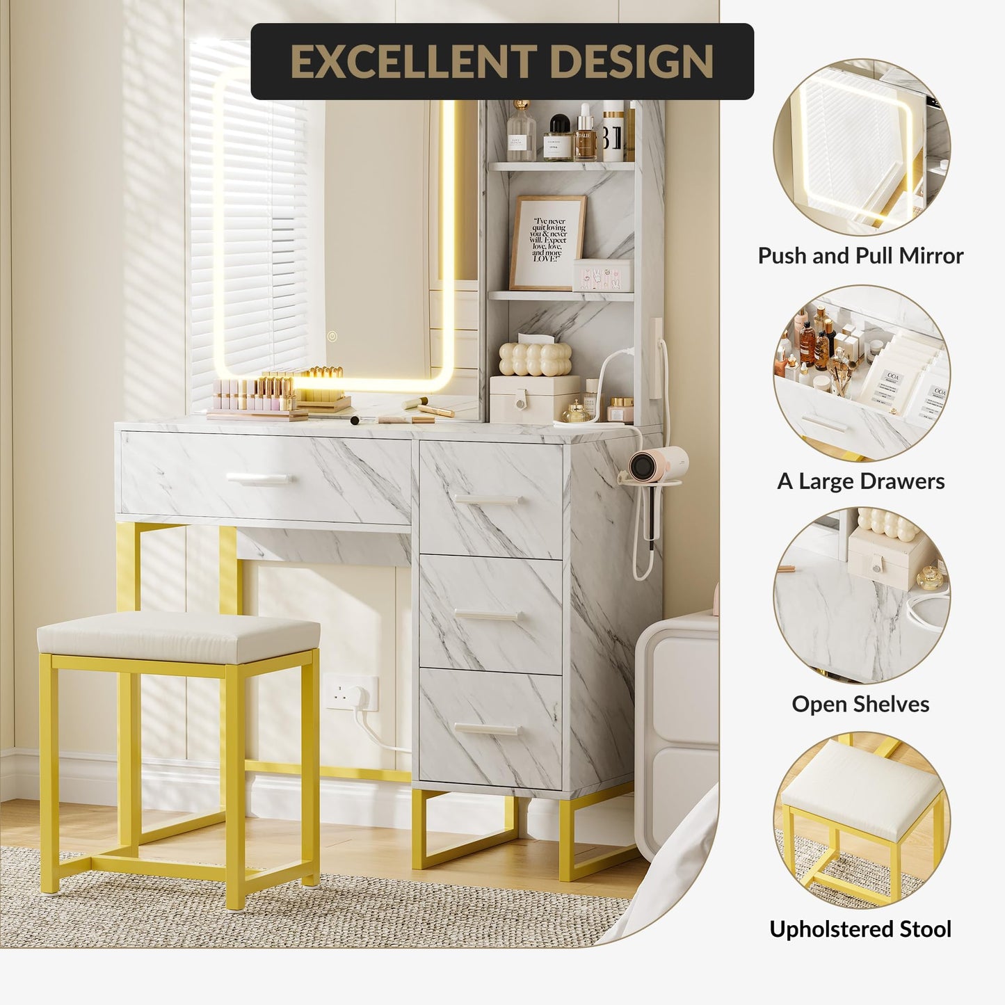 57'' Large Vanity Desk with Mirror & Lights, Makeup Vanity Table with Charging Station, 3 Lighting Modes, Elegant Vanity Set with 4 Drawers and Shelves, Cushioned Stool,Marble White