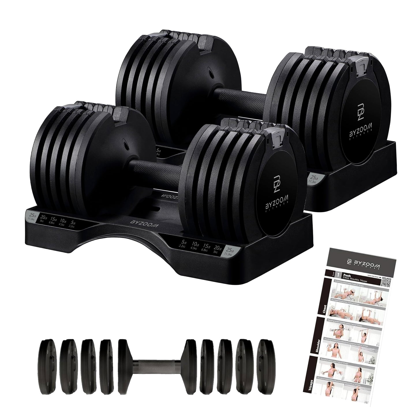 BYZOOM FITNESS Pure Series Adjustable Dumbbell - 12.5/25/27.5/75lb - ONE UNIT OR PAIR(check QTY before purchase) - 5-in-1/ 10-in-1 / 21-in-1 Flexible Hand Weights for Home Gym, Strength Training & Fitness Workouts, White OR Black