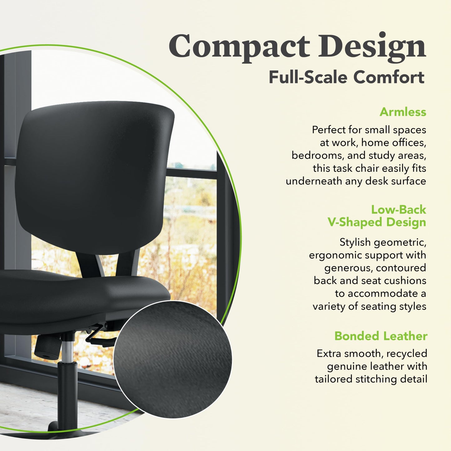 HON Volt Ergonomic Office Chair with Bonded Leather Seat and Back, Armless Desk and Computer Chair with Adjustable Center‑Tilt Recline and Wheels for Home Office or Workstation, Black