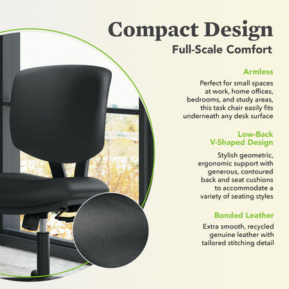 HON Volt Ergonomic Office Chair with Bonded Leather Seat and Back, Armless Desk and Computer Chair with Adjustable Center‑Tilt Recline and Wheels for Home Office or Workstation, Black
