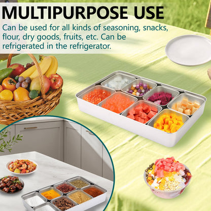 KIMISS Box Seasoning Organizer Box 8 Grids Stainless Steel Jars Container Set Rack with Lids And Spoons for Salt Snacks Flour Dry Goods Fruits