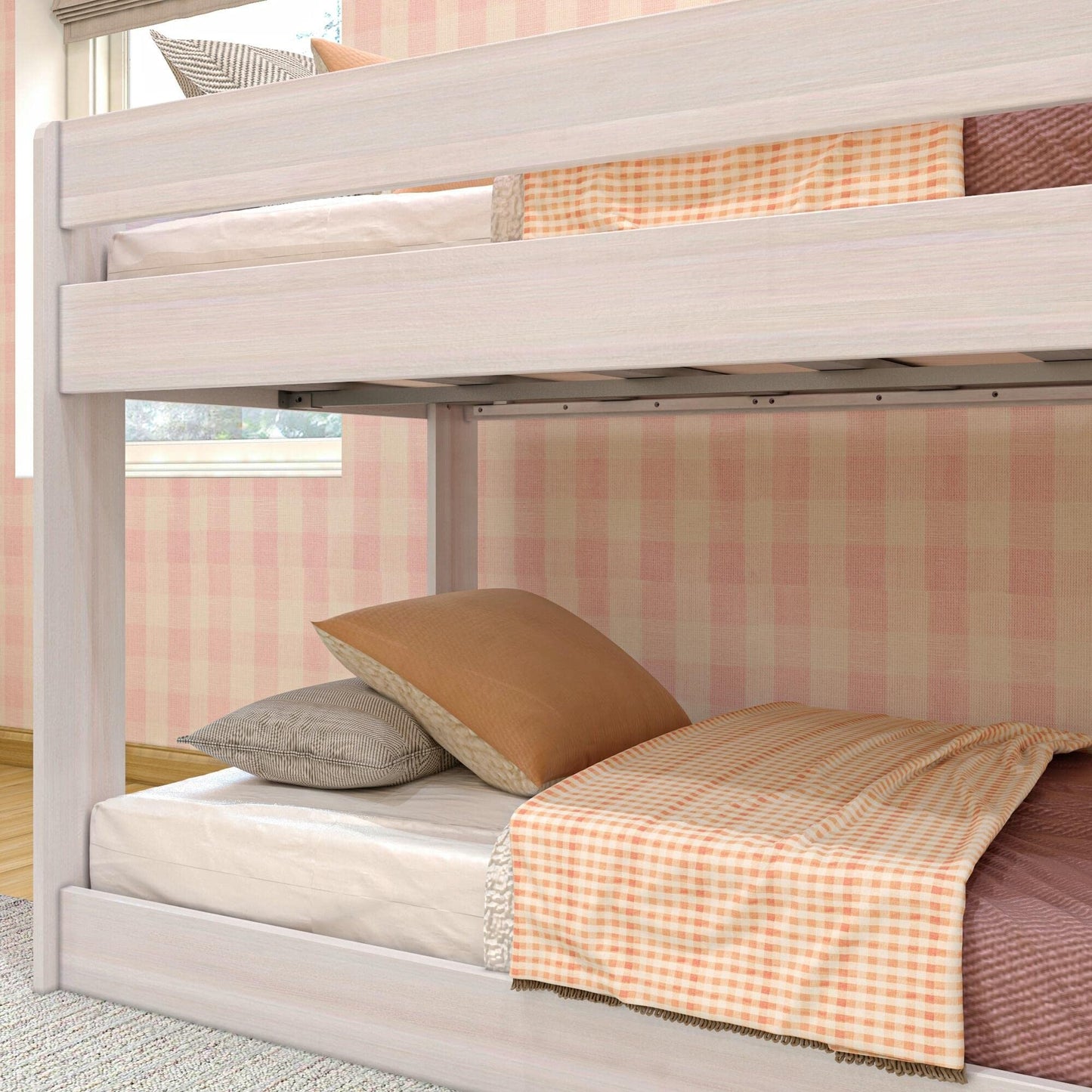 Max & Lily Modern Farmhouse Low Bunk Bed, Twin-Over-Twin Bed Frame For Kids, White Wash